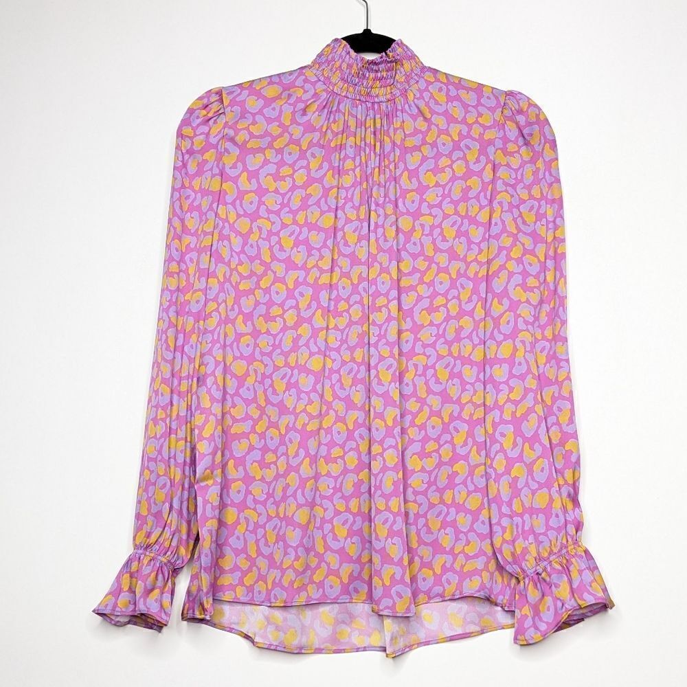 Tucke NYC Stella Top Royal Leopard in Stretch Georgette Silk Blouse Smock Neck